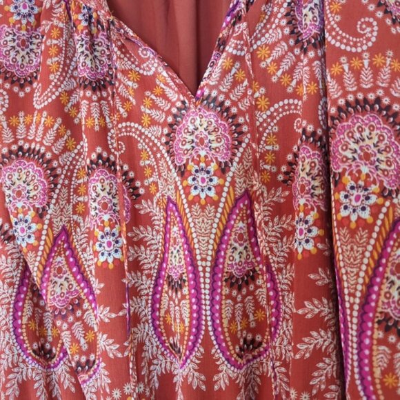 Rust Orange Red Floral Paisley Boho Tassel Short Dress - Picture 7 of 13